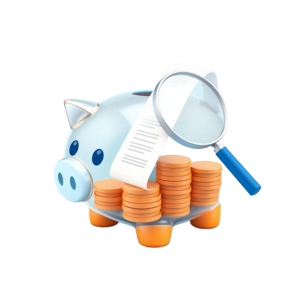 3D illustration of a transparent piggy bank with receipt and magnifying glass